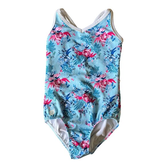 Sylvia P Other - SYLVIA P Floral Leotard Girls 6 Blue Pink Lucette Gymnastics Leo Mesh Cross Back
